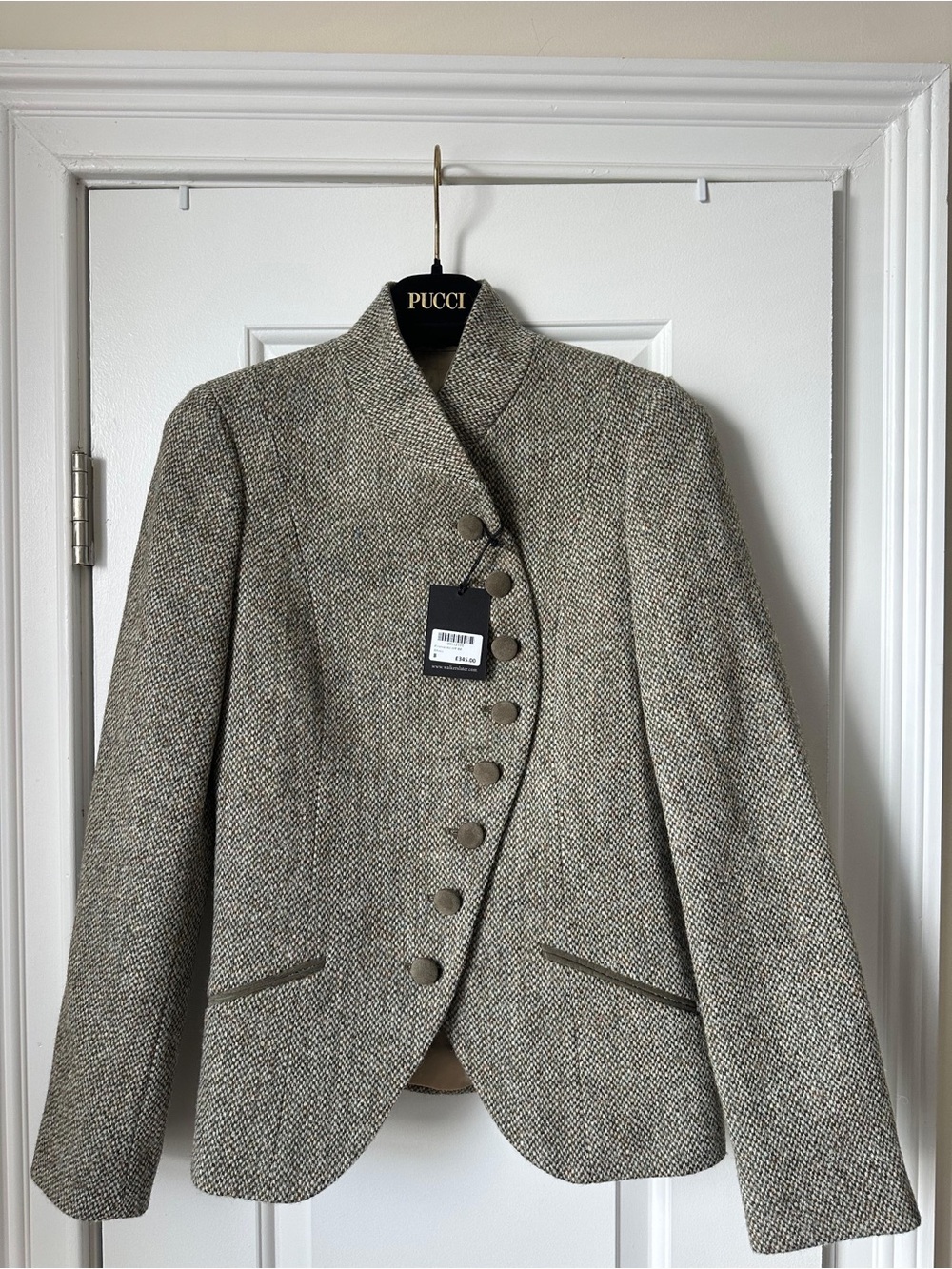 Women's Tweed Asymmetrical Button Blazer in Beige Gray
